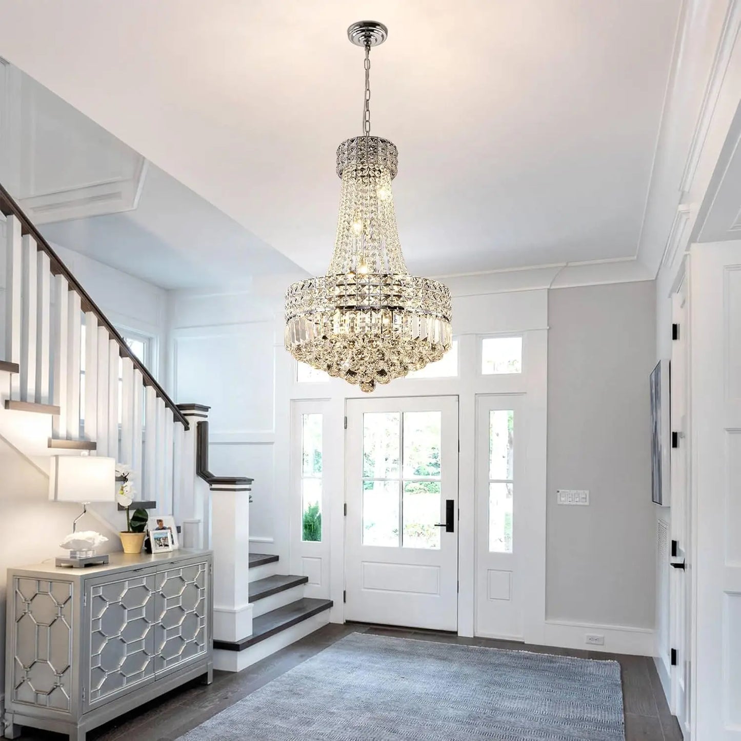 Modern Chrome Silver Crystal Chandelier, Round Dimmable Dining Table Crystal Chandelier for bedroom/hallway/hall