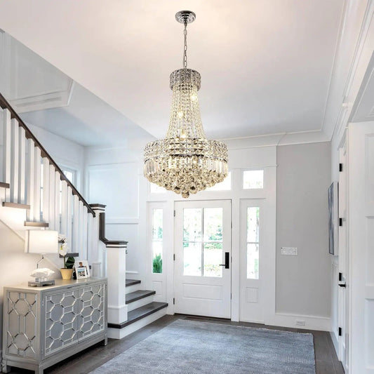 Modern Chrome Silver Crystal Chandelier, Round Dimmable Dining Table Crystal Chandelier for bedroom/hallway/hall
