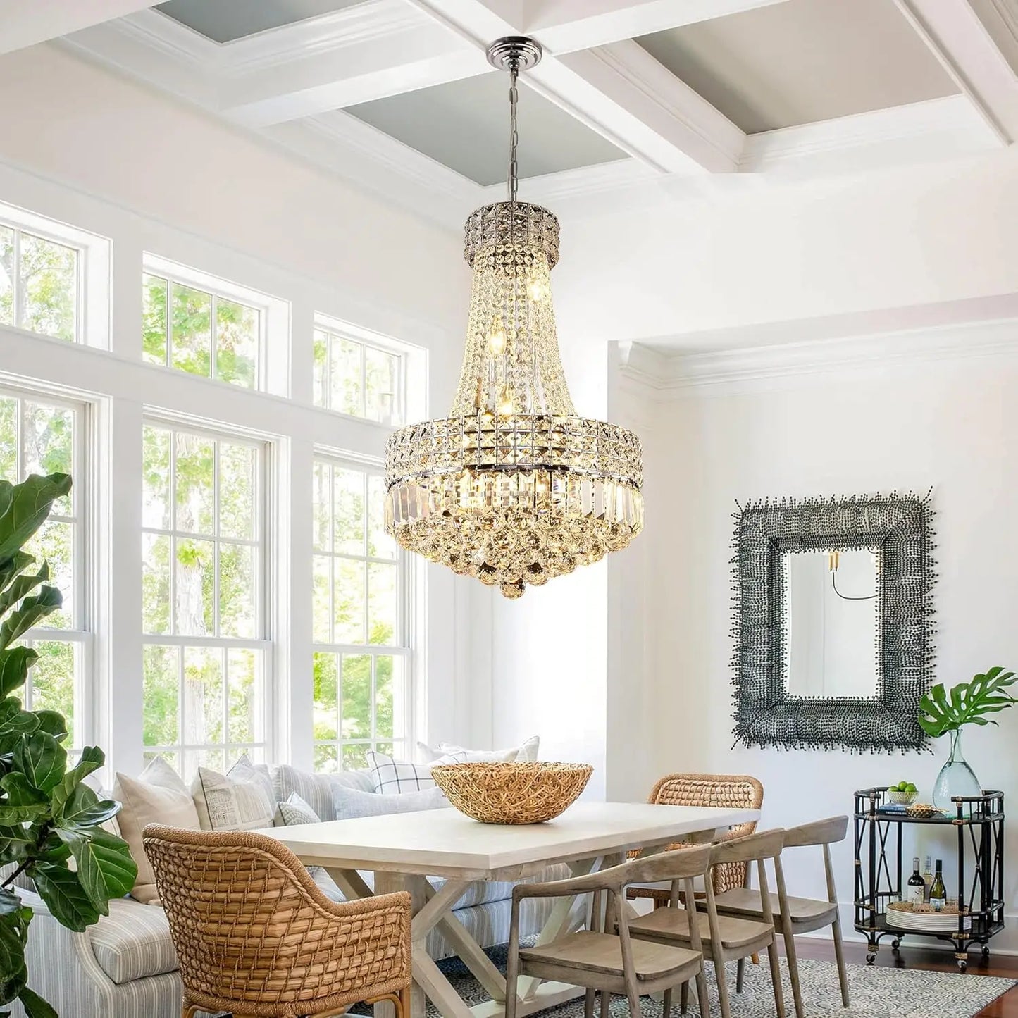 Modern Chrome Silver Crystal Chandelier, Round Dimmable Dining Table Crystal Chandelier for bedroom/hallway/hall