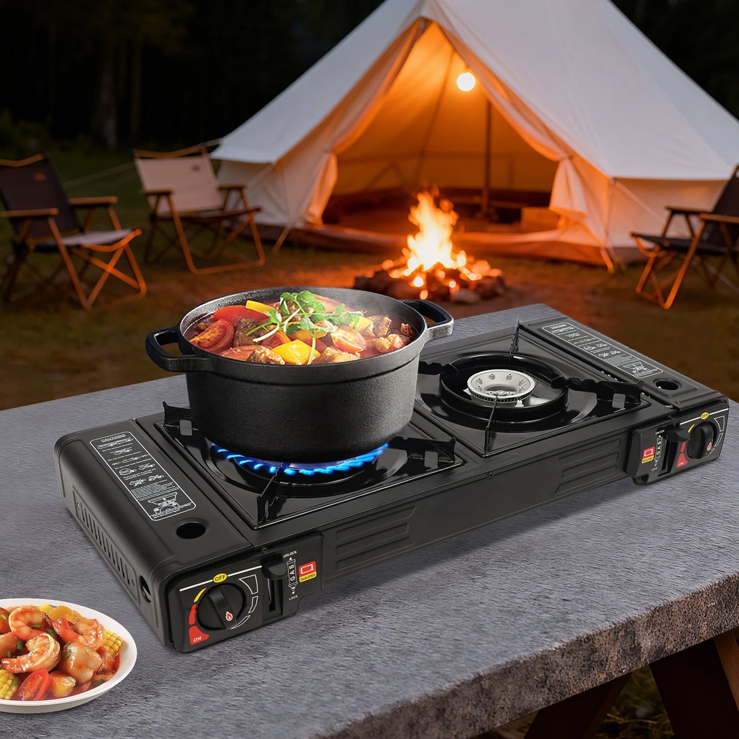 Portable Camping Stove Double Head Barbecue Gas stove with  2 Burners&Baking Tray for Home Application Outdoor Camping