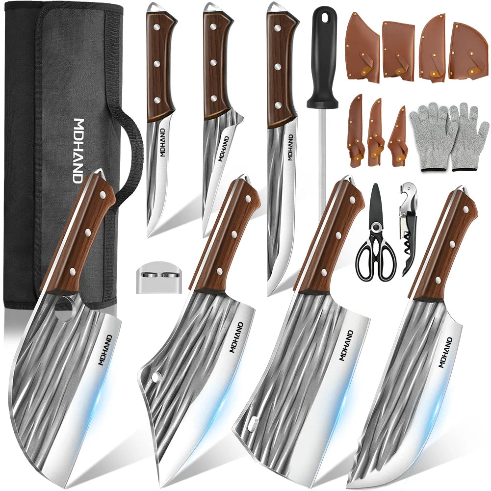 MDHAND 14pcs Meat Cleaver Knife High Carbon Steel Chef Cooking Kitchen Knives Set Boning Knife with Roll Bag & Accessories