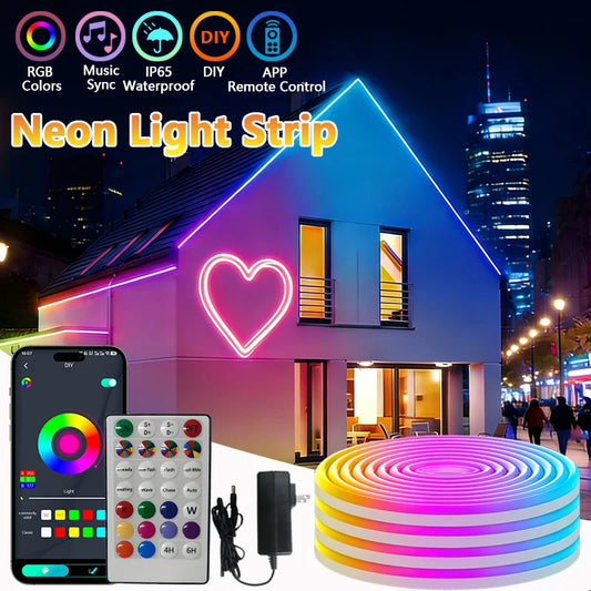 RGB Neon Lights 15M LED Strip Lights Bluetooth Music Sync Waterproof DIY Flexible Neon Rope Light for Indoor Outdoor Decor