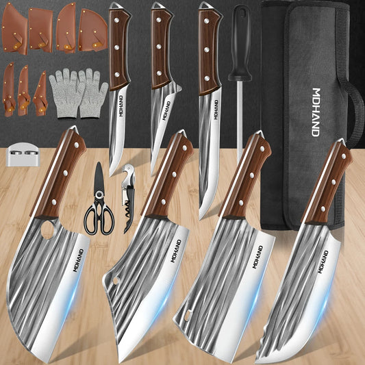 MDHAND 14pcs Meat Cleaver Knife High Carbon Steel Chef Cooking Kitchen Knives Set Boning Knife with Roll Bag & Accessories