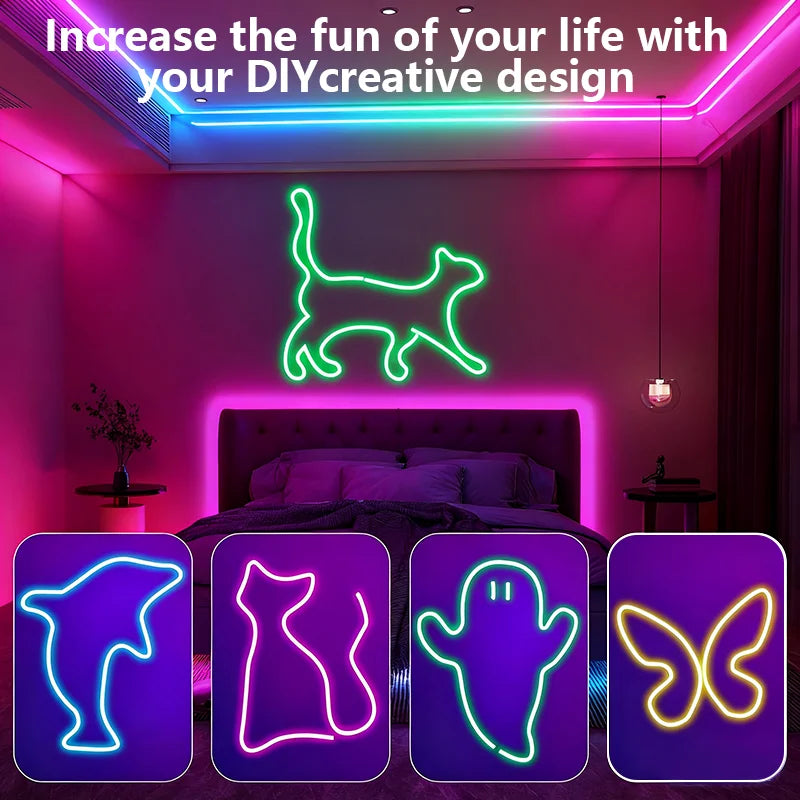 RGB Neon Lights 15M LED Strip Lights Bluetooth Music Sync Waterproof DIY Flexible Neon Rope Light for Indoor Outdoor Decor