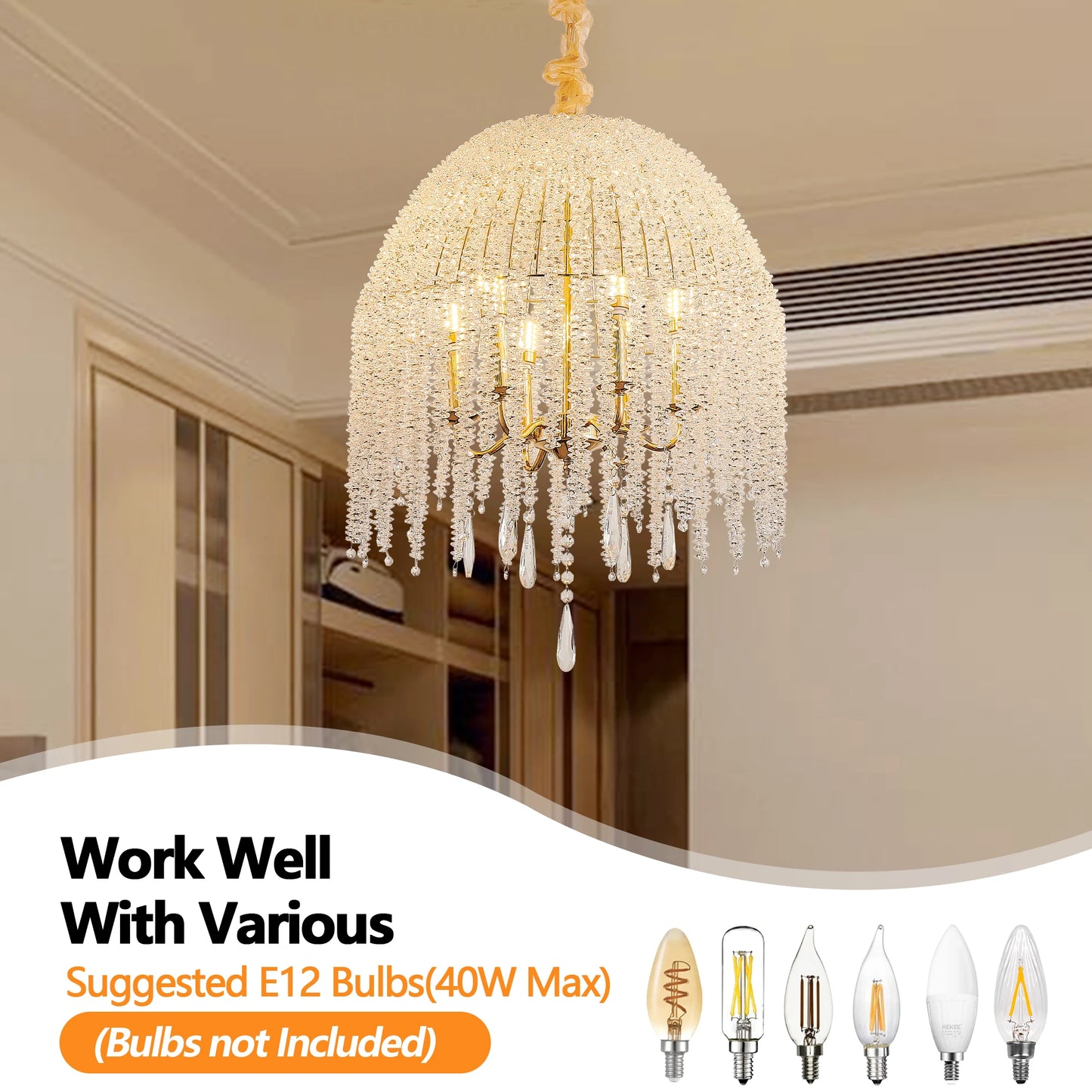 20 Inch 6-Light Crystal Pendant Light Chandelier Elegant Waterfall Design with Crystal Bead Strings and Gold Finish (No Bulb)