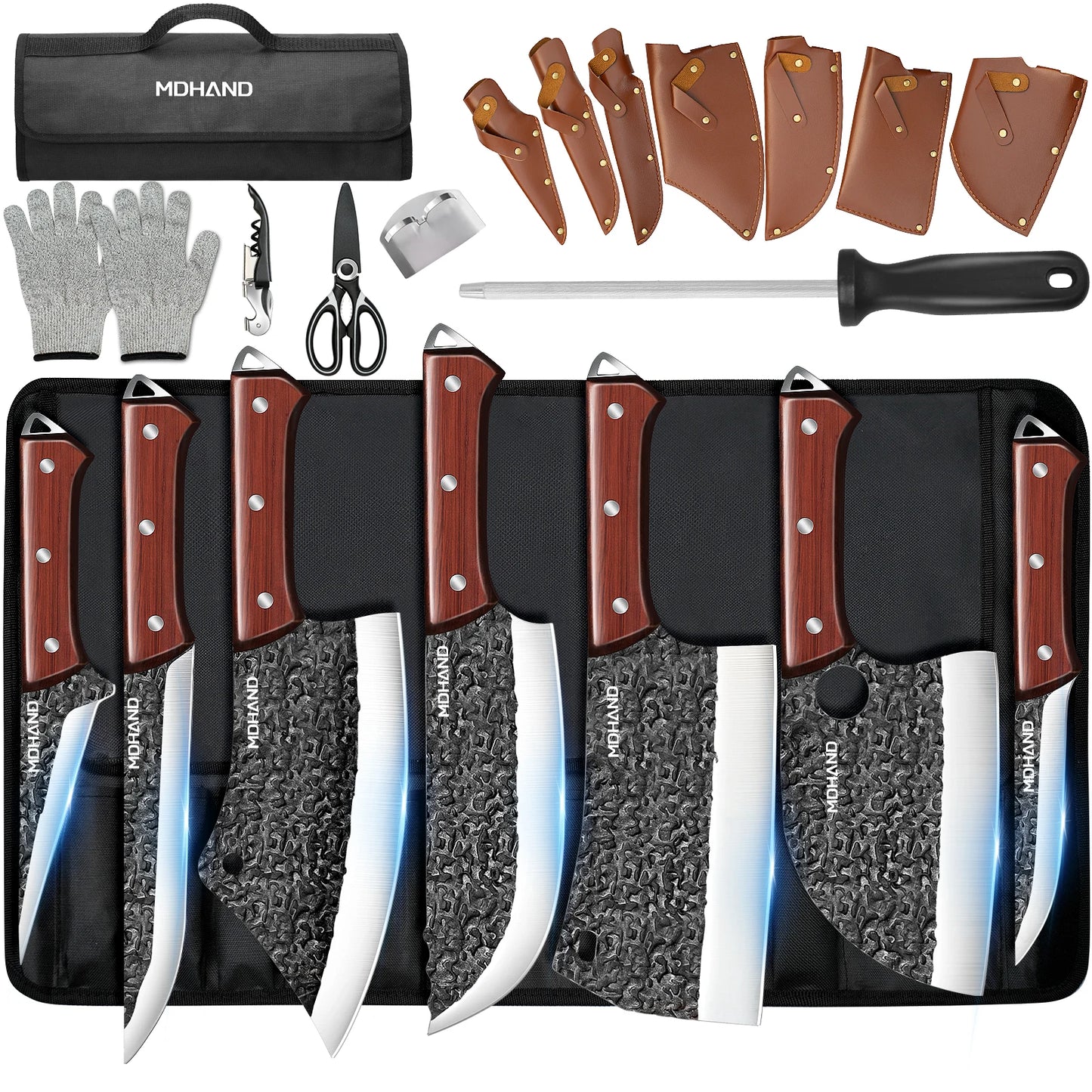 MDHAND 14pcs Meat Cleaver Knife High Carbon Steel Chef Cooking Kitchen Knives Set Boning Knife with Roll Bag & Accessories