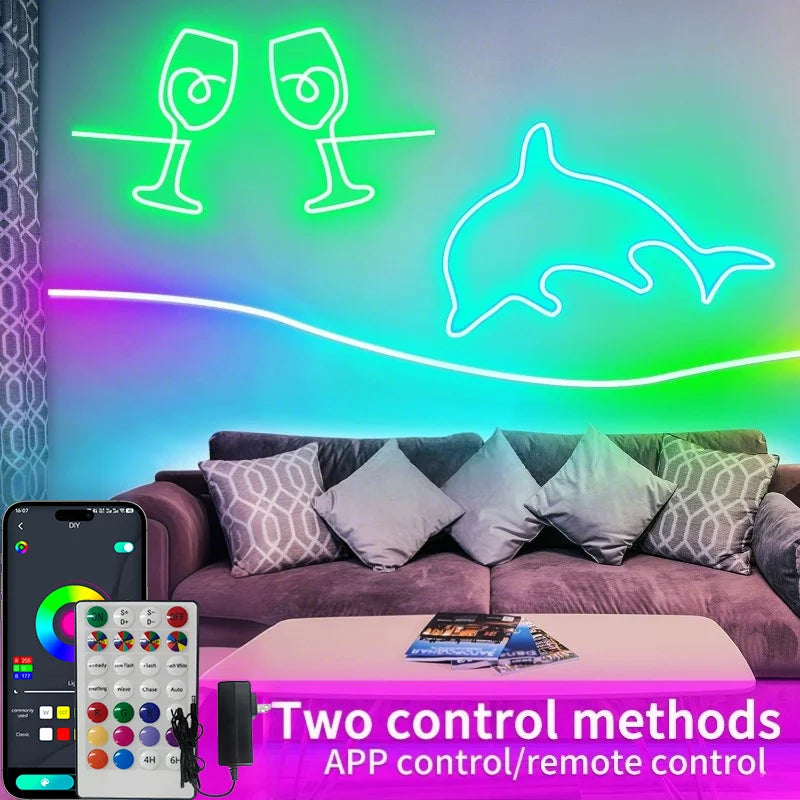 RGB Neon Lights 15M LED Strip Lights Bluetooth Music Sync Waterproof DIY Flexible Neon Rope Light for Indoor Outdoor Decor
