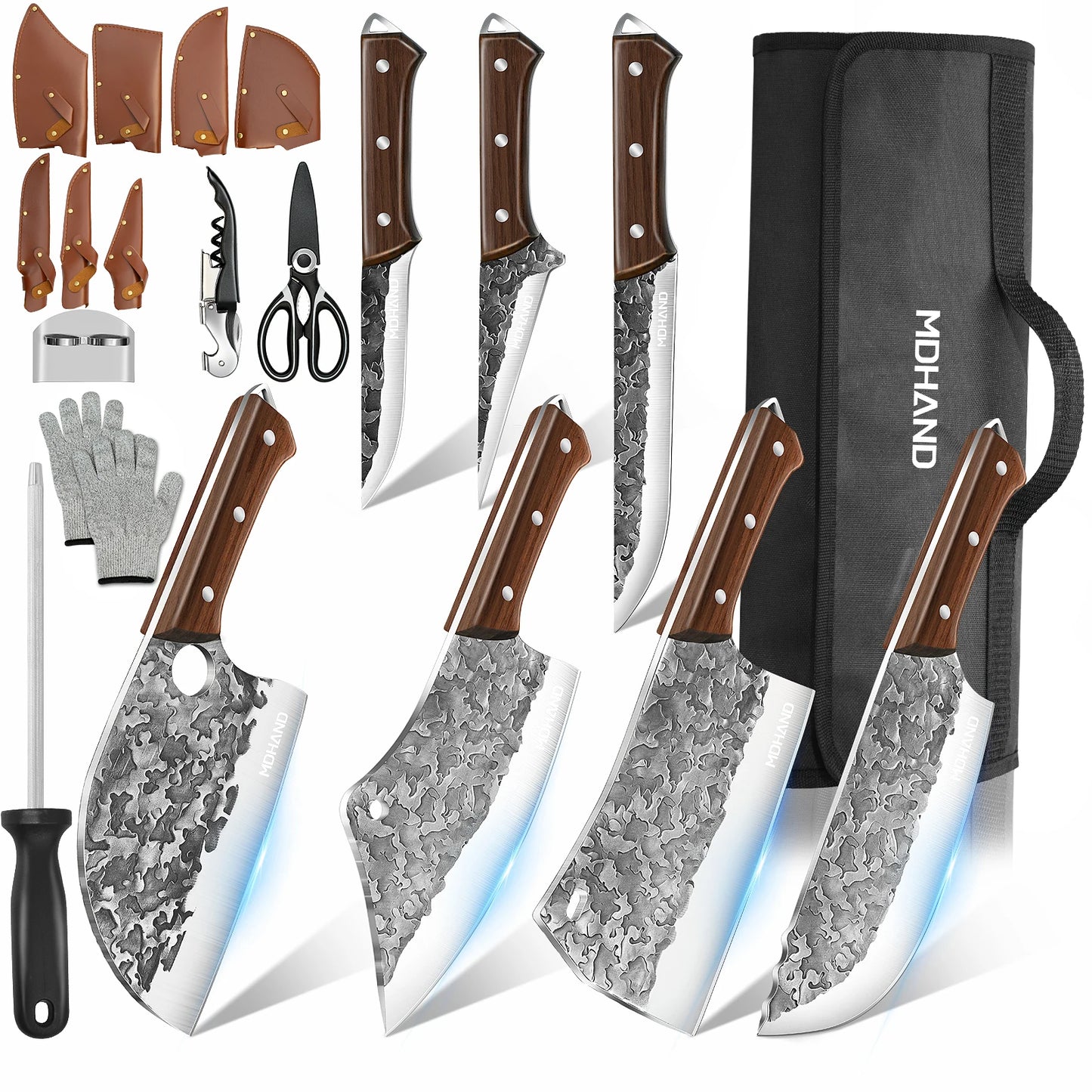 MDHAND 14pcs Meat Cleaver Knife High Carbon Steel Chef Cooking Kitchen Knives Set Boning Knife with Roll Bag & Accessories