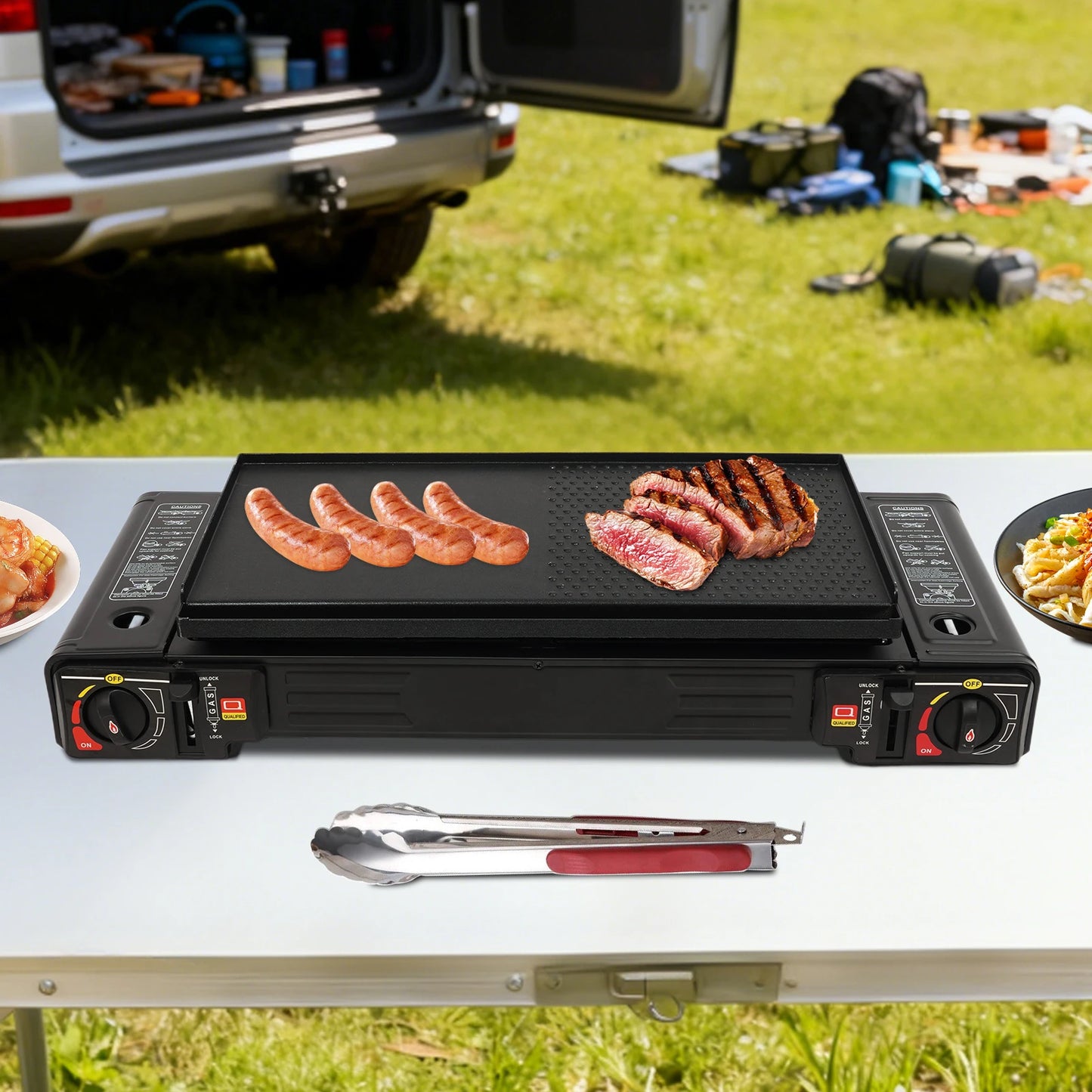 Portable Camping Stove Double Head Barbecue Gas stove with  2 Burners&Baking Tray for Home Application Outdoor Camping