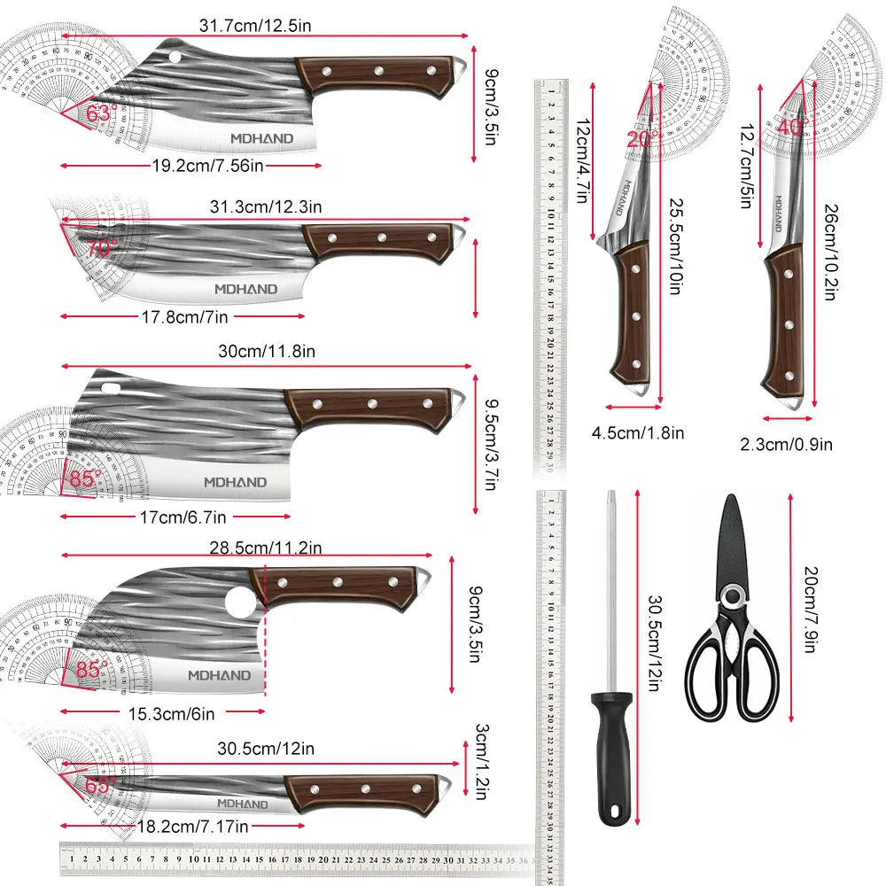 MDHAND 14pcs Meat Cleaver Knife High Carbon Steel Chef Cooking Kitchen Knives Set Boning Knife with Roll Bag & Accessories
