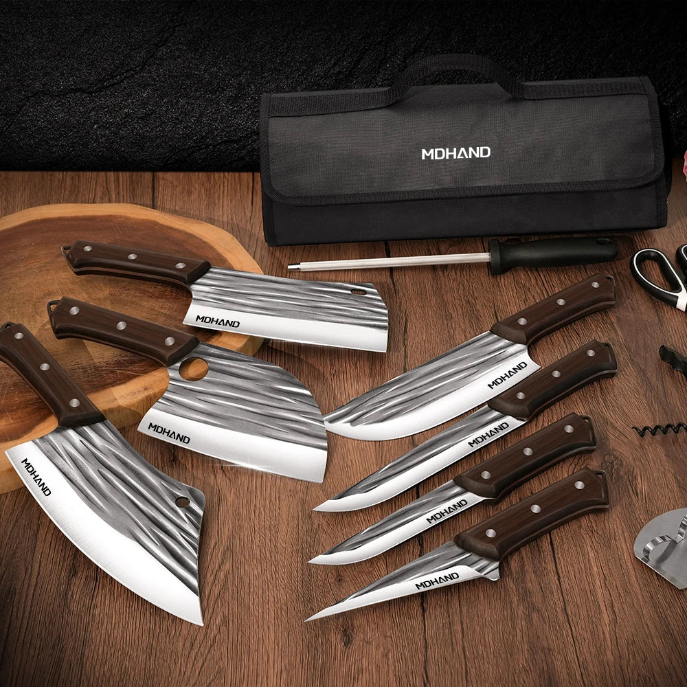 MDHAND 14pcs Meat Cleaver Knife High Carbon Steel Chef Cooking Kitchen Knives Set Boning Knife with Roll Bag & Accessories